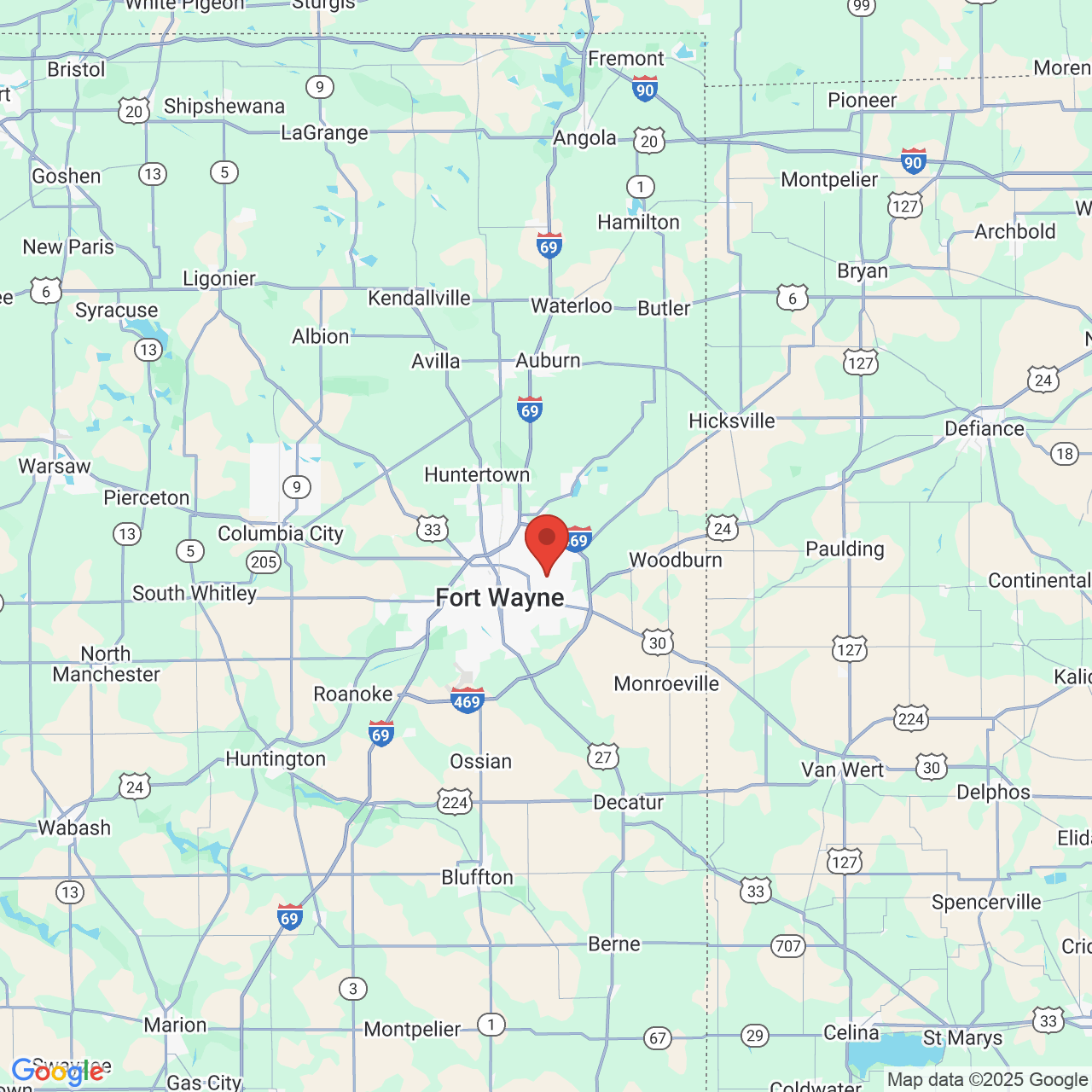Google map image of our location in 2801 Maplecrest Rd Fort Wayne, IN