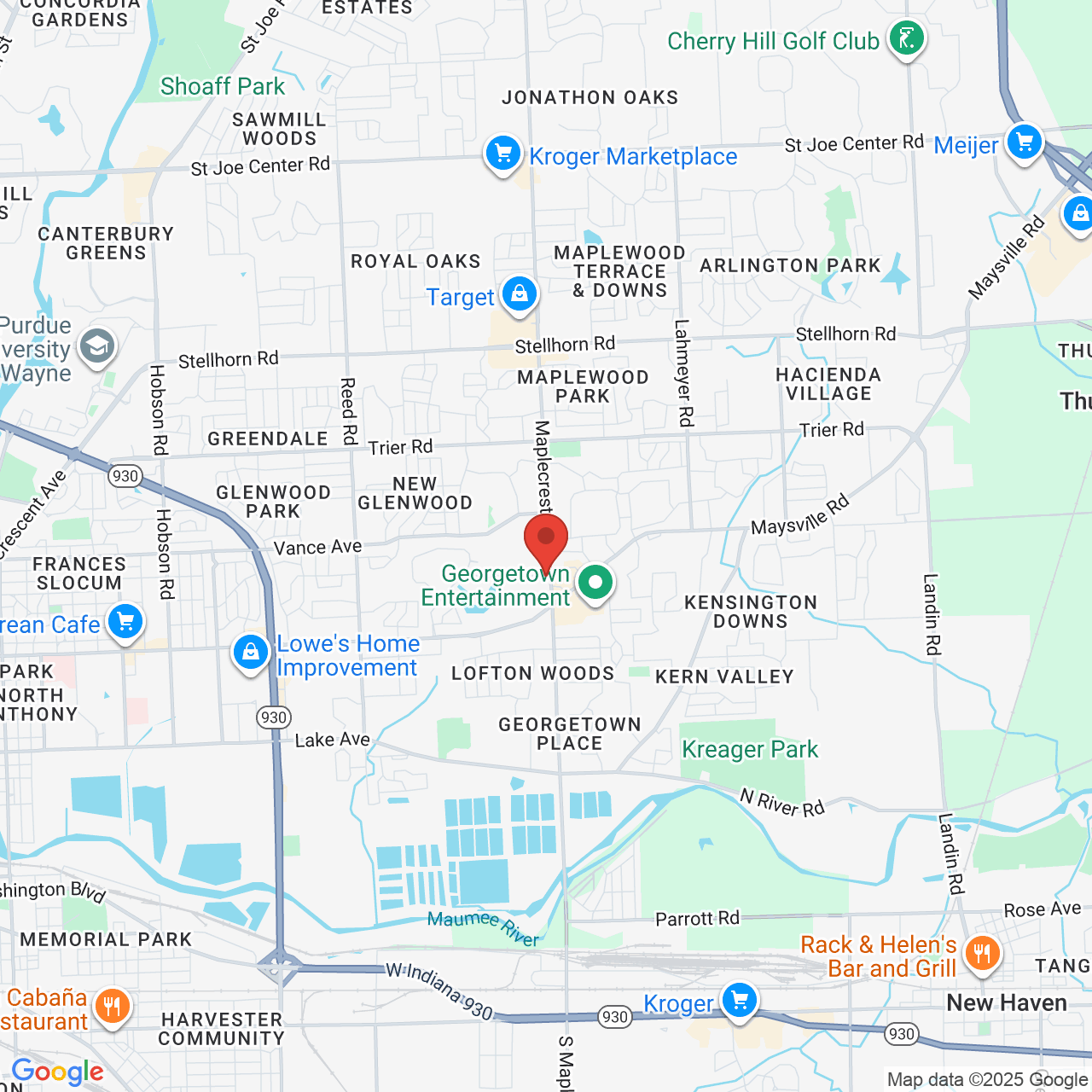 Google map image of our location in 2801 Maplecrest Rd Fort Wayne, IN