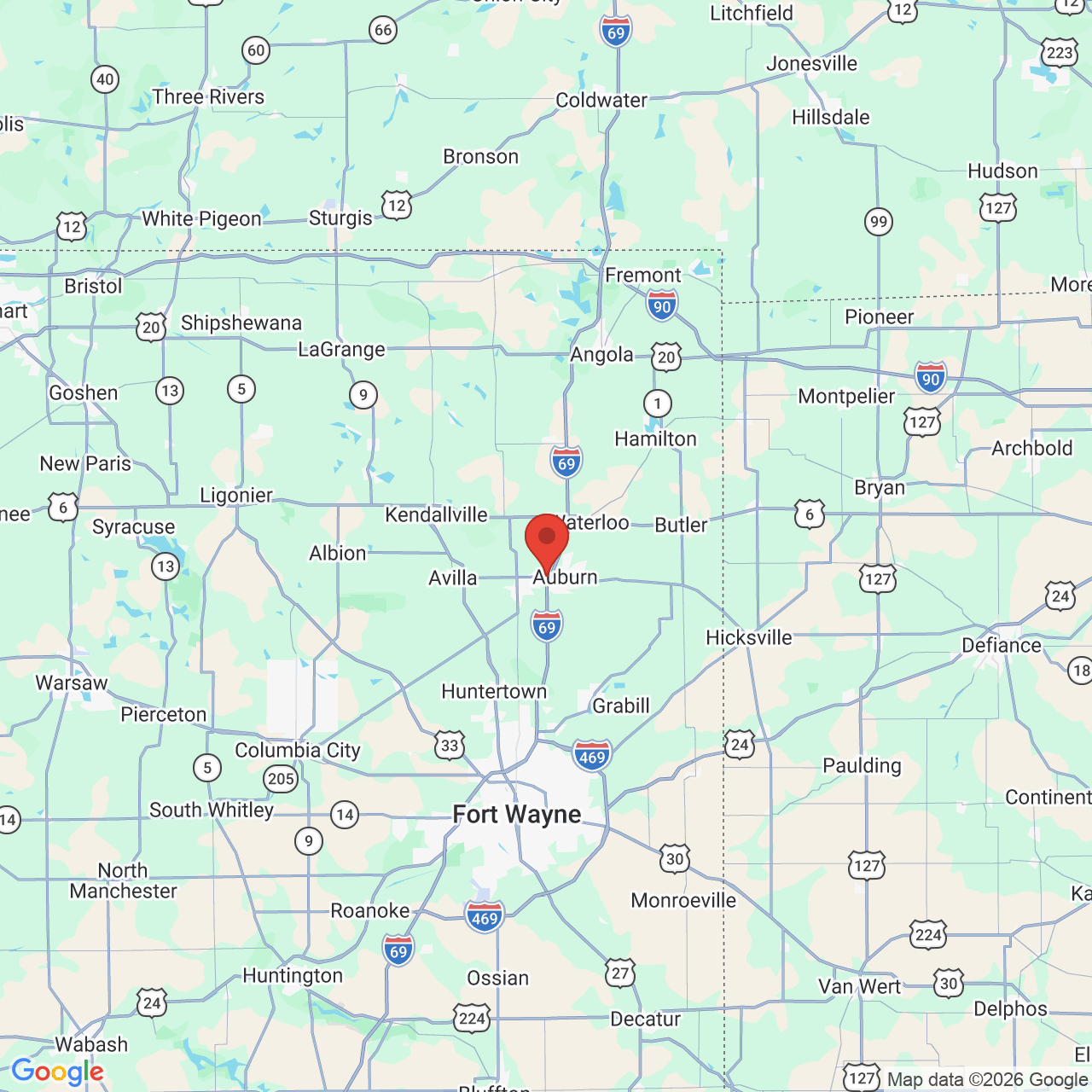 Google map image of our location in 1560 Shook Drive Auburn, IN